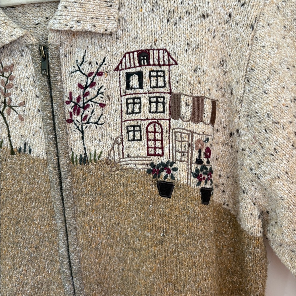 Vintage Novelty Knit Cardigan Embroidered Dog Walker Scenic Cottagecore Sweater - Picture 4 of 5